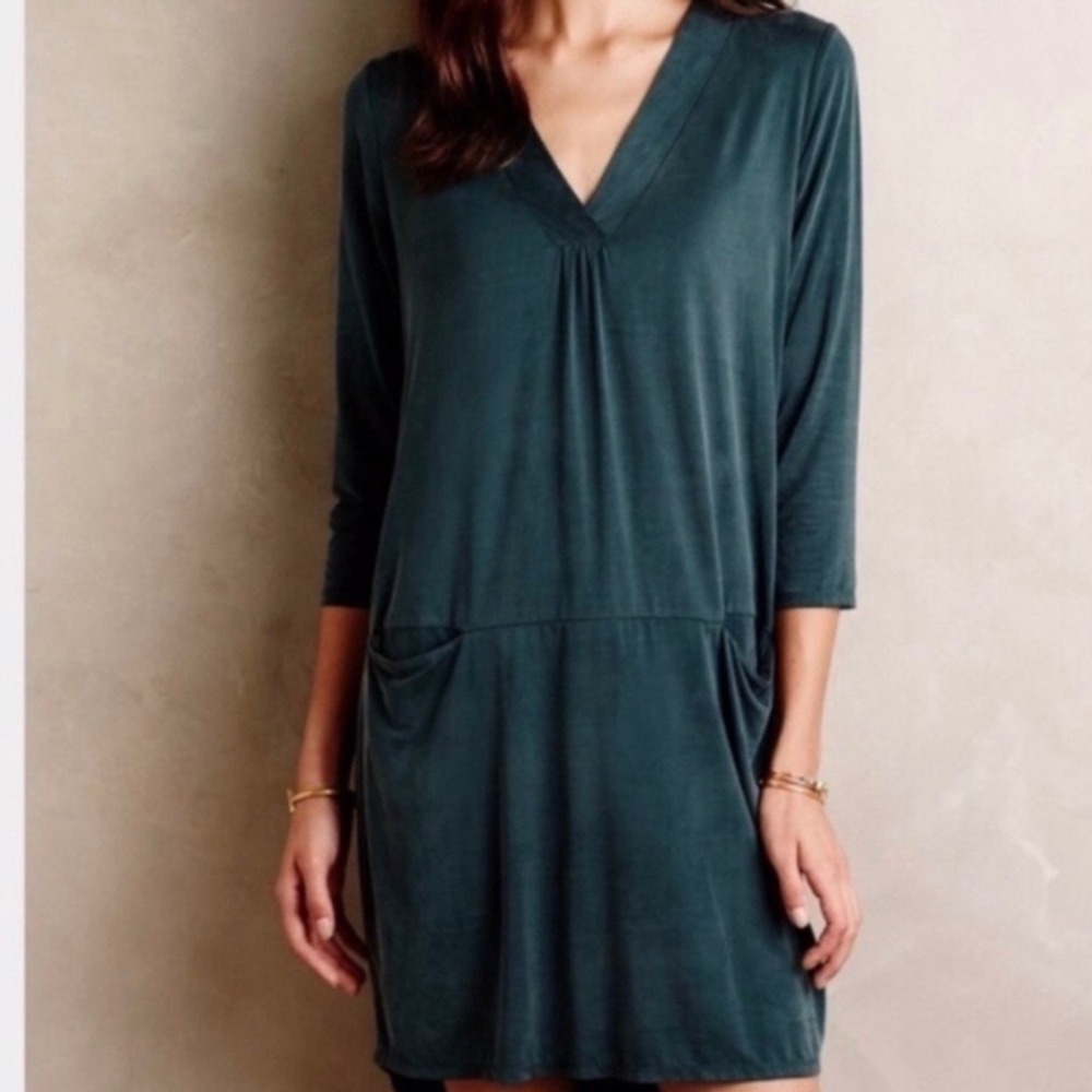 Anthropologie Dolan Left Coast Collection Teal Green V Neck Tunic Pocket Dress M